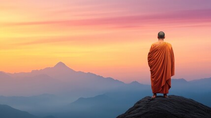 Obraz premium Serene Monk on Misty Mountaintop at Dawn with Vibrant Sky and Scenic Landscape Background