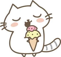 contented white cat happily eating a delicious ice cream cone