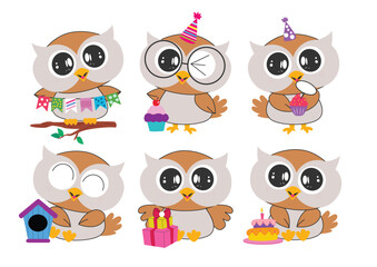 Owl birthday character clipart drawing set. Cute owl in flat icon clip art collection for bday party celebration with festive flag, cupcake, cake, gift box and hat in happy and cheerful smile vector 