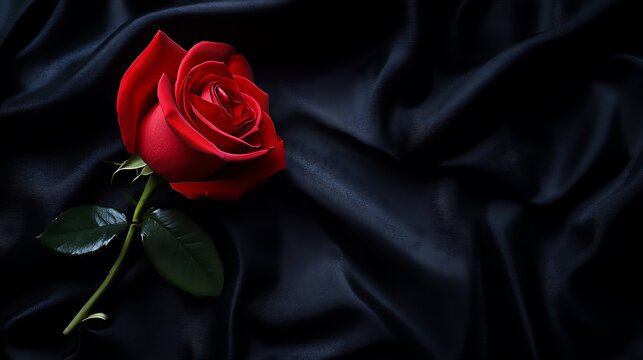 A single red rose on a black silk background - Powered by Adobe