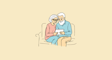 elderly couple sharing a tablet moment on a couch