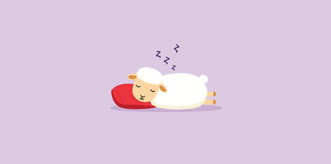 fluffy white sheep sleeping peacefully on a red pillow