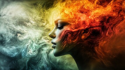 A mesmerizing blend of vibrant colors and smoke captures the essence of transformation. This artwork evokes emotion through vivid representation of fire and water. Generative AI
