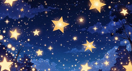 Glittering stars and sparkling lights in the night sky anime cartoon style illustration artwork design background