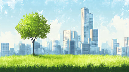 city with a tree in the foreground and buildings in the background.