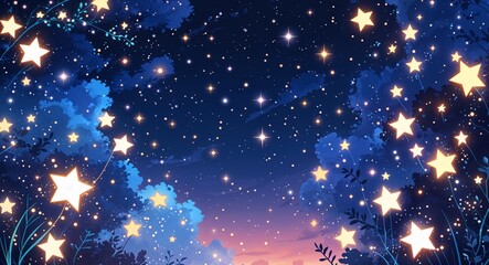 Glittering stars and sparkling lights in the night sky anime cartoon style illustration artwork design background
