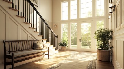 21.A welcoming entryway with natural light streaming in through large windows, highlighting a modern farmhouse staircase with black iron balusters and a cozy bench nearby.
