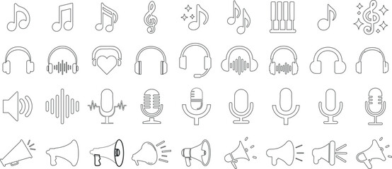 Music and sound icons in a minimalist outline style. Includes musical notes, treble clefs, headphones, microphones, speakers, megaphones, and sound waves for audio related designs, apps, and media