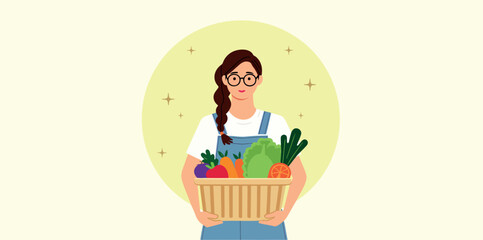young woman with a braid holding a basket full of fresh vegetables