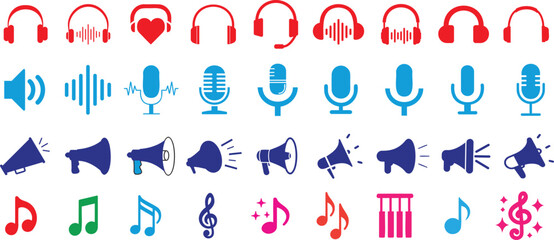 Colorful audio and music icon set featuring headphones, microphones, speakers, megaphones, and musical notes. Perfect for podcasts, streaming, sound design, and digital media