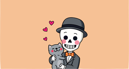 friendly skeleton in a bowler hat gently holding an adorable gray cat