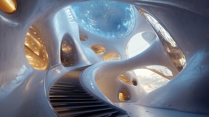 40.An artistic staircase curving under a large organic-shaped skylight, surrounded by futuristic structures with smooth and textured surfaces.