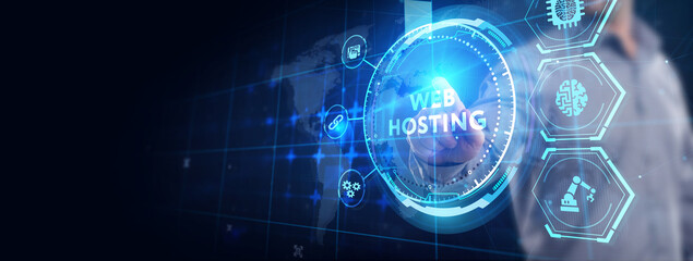Web Hosting. The activity of providing storage space and access for websites. Business, modern technology, internet and networking concept.