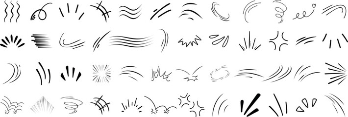 Dynamic hand drawn motion lines, speed effects, and comic style impact strokes for manga, animation, and graphic design.doodle line movement vector set for enhancing visual action scenes