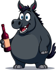 cheerful cartoon hippopotamus holding a bottle of red wine