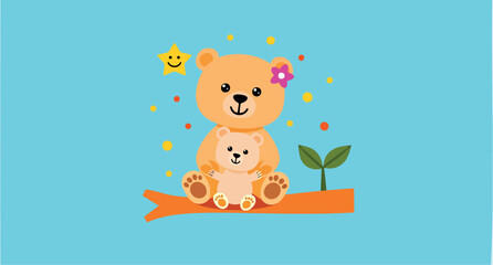 large teddy bear tenderly holds a smaller teddy bear on a branch