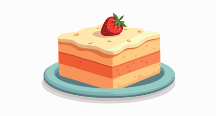three-layered strawberry cake with creamy frosting topped with a fresh strawberry