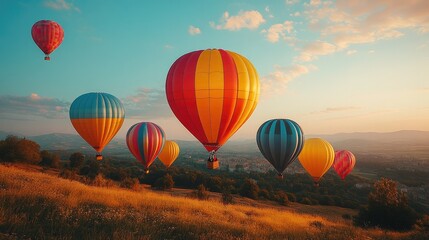 Obraz premium Colorful Balloons Soaring: A breathtaking view of colorful hot air balloons gracefully drifting across a clear, cerulean sky, painting a vivid picture of freedom and adventure