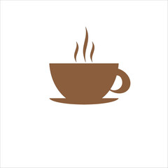 A simple brown coffee cup icon with steam rising, symbolizing warmth and relaxation on a white background.