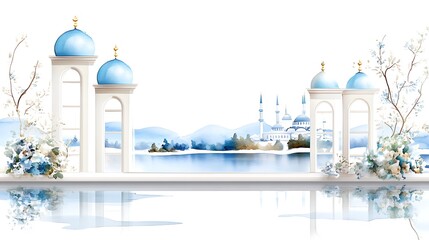 Obraz premium Serene Watercolor Landscape Mosque View from Elegant White Archways with Floral Accents