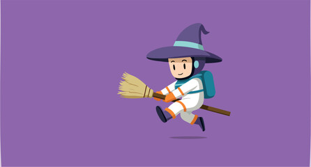 whimsical astronaut witch in a purple hat flies on a straw broom