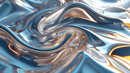 Swirling liquid metal abstract background with smooth flowing lines and reflections. Shiny, iridescent hues of blue and gold.