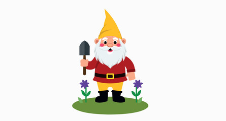 cheerful cartoon gnome holding a shovel stands in a