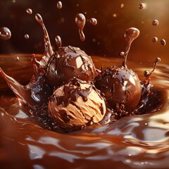 Delicious chocolate ice cream balls in liquid chocolate