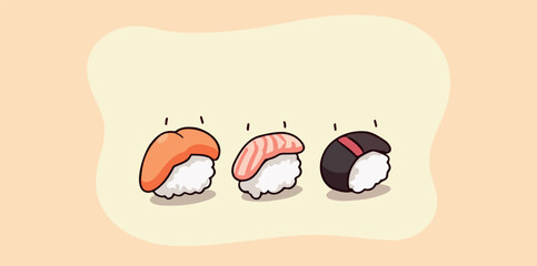 three assorted sushi pieces: salmon tuna and a dark seaweed variety