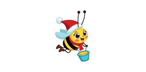 Naklejka premium cheerful cartoon bee in a santa hat flies with a bucket of honey