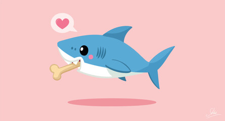 adorable cartoon shark playfully enjoying a bone-shaped treat
