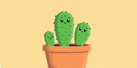 three cheerful cartoon cacti in pot