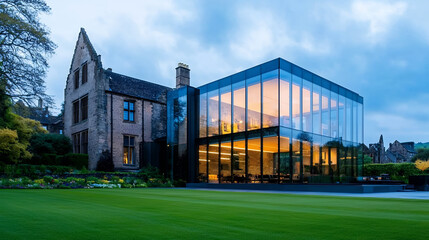 Obraz premium modern glass building contrasts with historic stone structure, surrounded by lush green grass and trees, creating serene atmosphere
