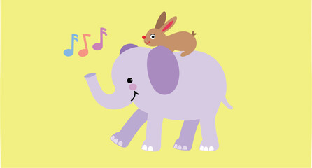Fototapeta premium brown bunny rides on a lavender elephant creating a whimsical scene.