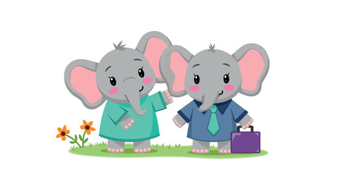two friendly cartoon elephants dressed in clothes showcasing friendship and companionship