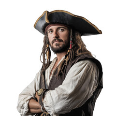 Portrait of a man dressed as a pirate with a hat and dreadlocks against a black background posing