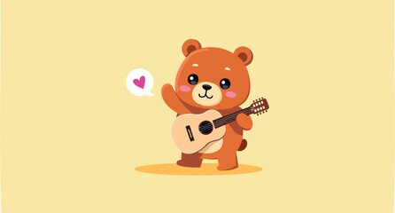 lovable brown bear playing a guitar with a heart-shaped speech bubble