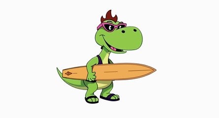 happy cartoon dinosaur in sunglasses carrying a surfboard