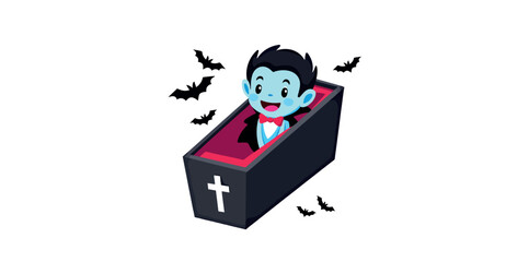 cheerful cartoon vampire child in coffin with bats