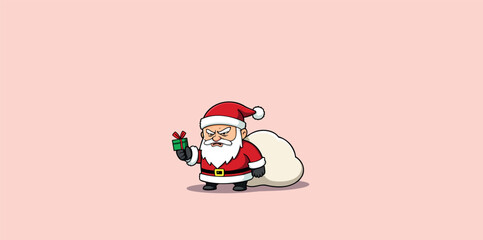 of a grumpy cartoon santa claus holding a small gift next to a large sack.