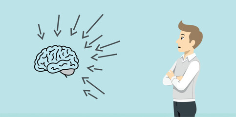 man contemplating brain arrows thought process