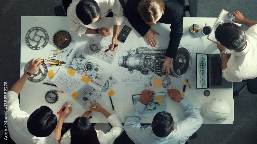 Poster top view of engineer pointing at turbine engine at meeting table with equipment. aerial view of prof