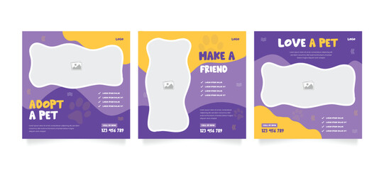 Set of pet care promotion banner social media pack template. Pet adoption social media post template. Pet shop social media carousel template. 