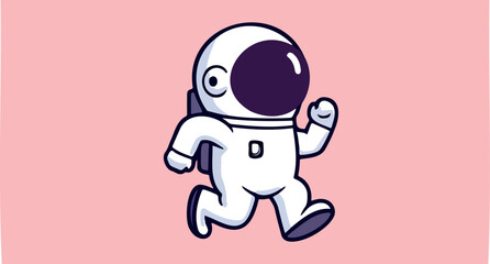 cartoon astronaut in a white spacesuit is running across a pink background.