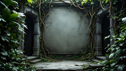 Mysterious Jungle Entrance with Overgrown Vines and Ancient Stone Architecture