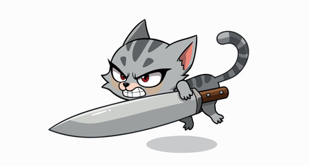 angry gray tabby cat holding a knife © Rysak