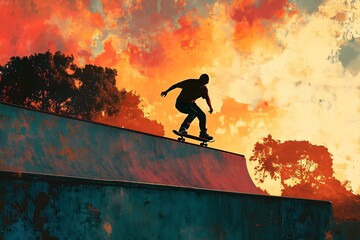 Skateboarder performs tricks at a park ramp during a vibrant sunset