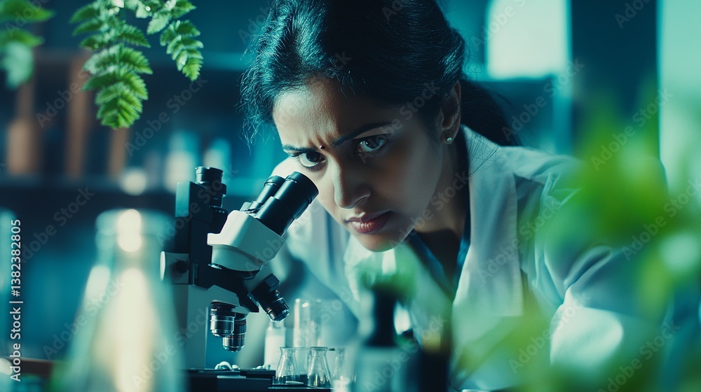 Aufkleber woman in lab coat intently using a microscope in a dimly lit laboratory setting with foliage
