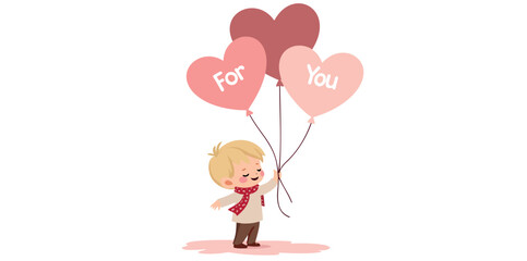 cheerful boy holding three heart-shaped balloons that say for you