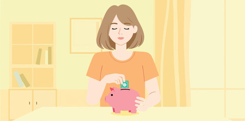 young woman saving money in piggy bank